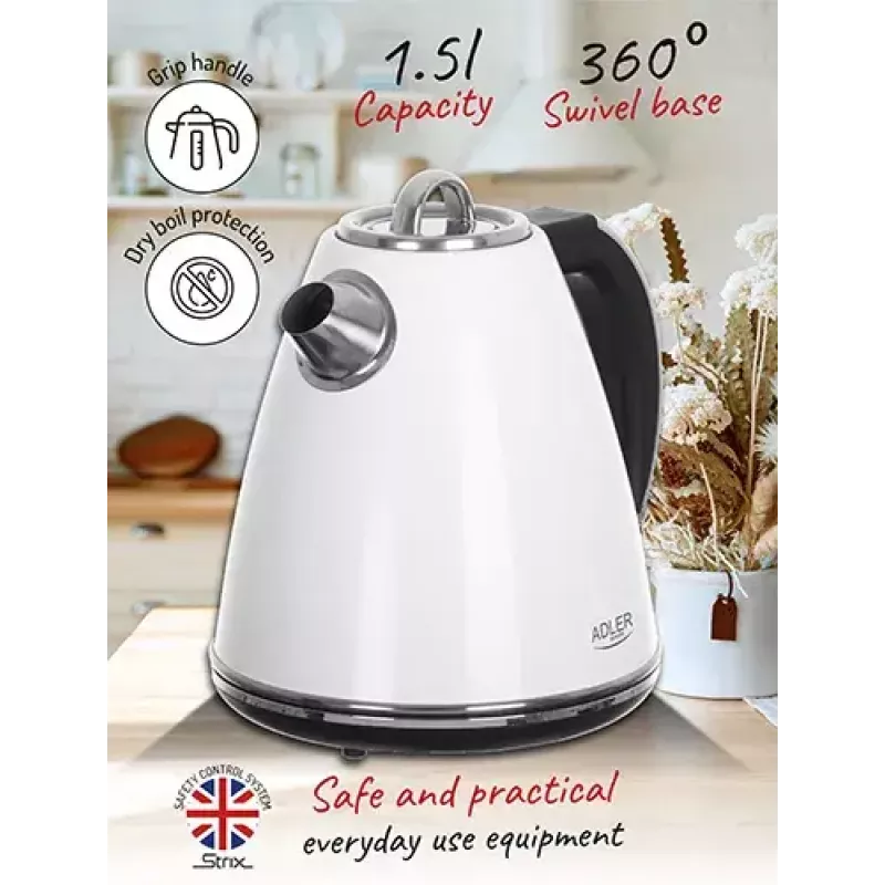 Adler AD 1343 elektrische waterkoker, 1,5 l, 1850 W, roestvrij staal, Strix, wit