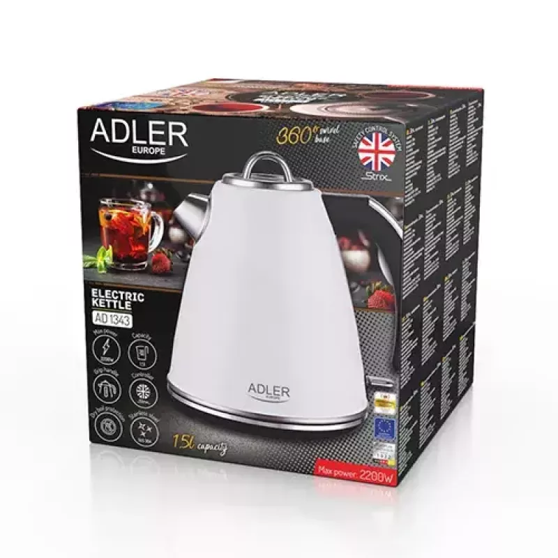 Adler AD 1343 elektrische waterkoker, 1,5 l, 1850 W, roestvrij staal, Strix, wit