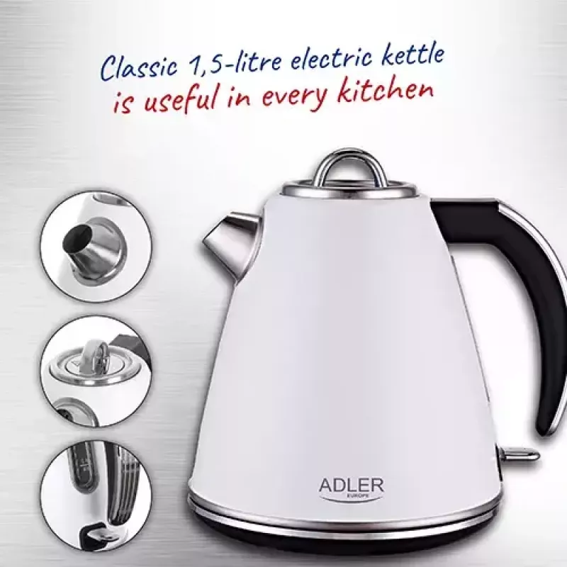 Adler AD 1343 elektrische waterkoker, 1,5 l, 1850 W, roestvrij staal, Strix, wit