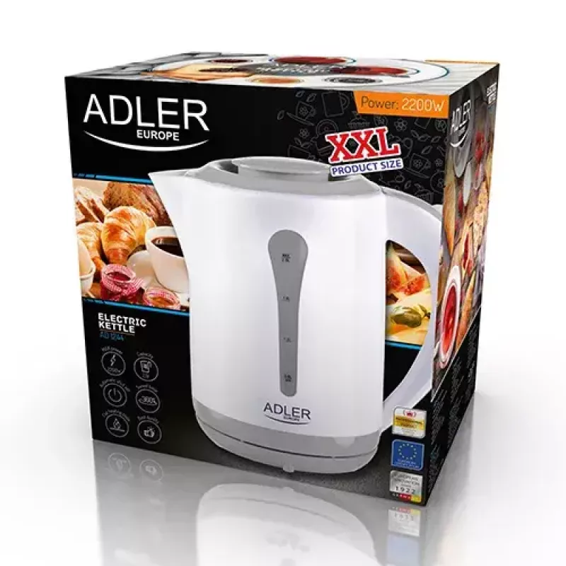 Elektrische waterkoker Adler AD 1244 — 2,5 L, 2200 W, wit, verborgen verwarmingselement