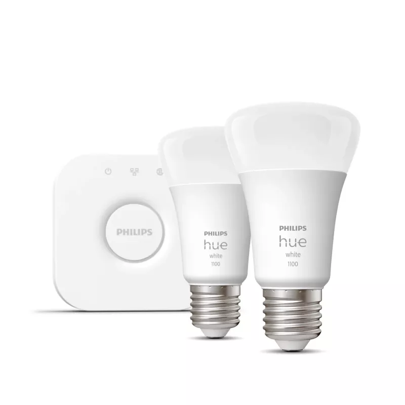 Philips Hue White startset: 2 E27 slimme lampen (1100), slimme verlichtingsset, Bluetooth/Zigbee, wit, LED, E27, A60