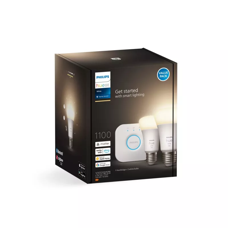 Philips Hue White startset: 2 E27 slimme lampen (1100), slimme verlichtingsset, Bluetooth/Zigbee, wit, LED, E27, A60