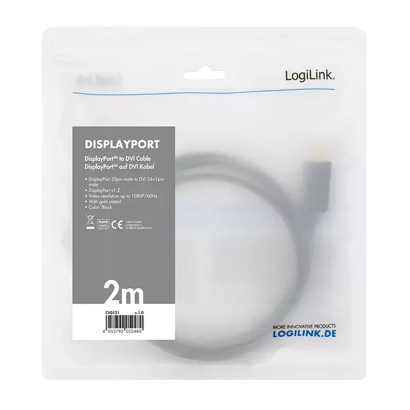 Videokabel-adapter LogiLink CV0130 1 m DisplayPort DVI zwart
