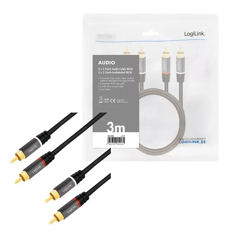 Audiokabel LogiLink CA1206 3m 2x cinch-stekker zwart