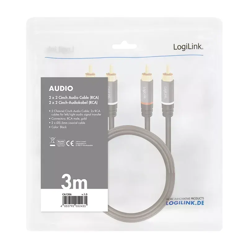 Audiokabel LogiLink CA1206 3m 2x cinch-stekker zwart