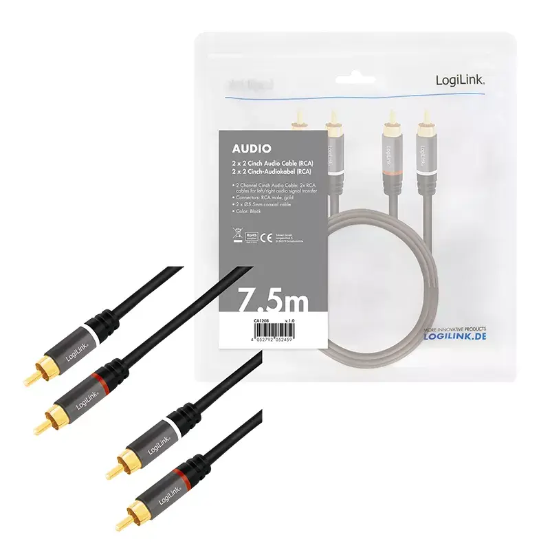 Audiokabel LogiLink CA1208 7,5 m 2 x cinch zwart