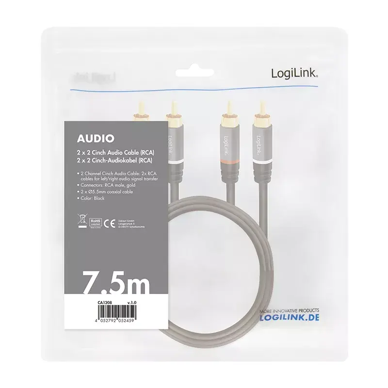 Audiokabel LogiLink CA1208 7,5 m 2 x cinch zwart