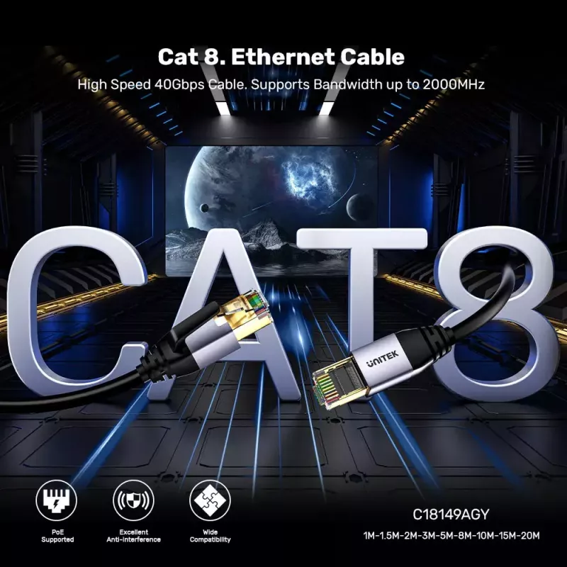 Netwerkkabel UNITEK C18149AGY03-2M RJ-45 Cat8 2m zwart
