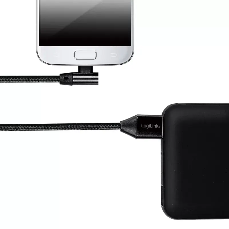 LogiLink CU0142 USB 2.0-kabel, USB-A naar Micro-USB B (haaks 90°), gevlochten, 1 m, zwart