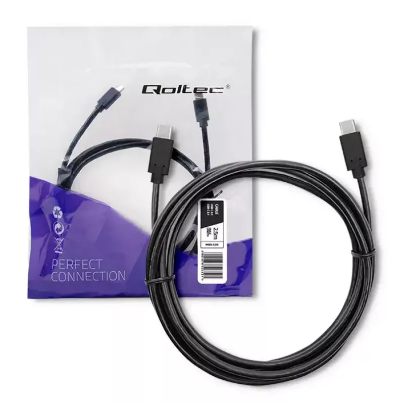 Qoltec 52352 USB-C-naar-USB-C-kabel, USB 3.1, 5 Gbit/s, 2,5 m, zwart