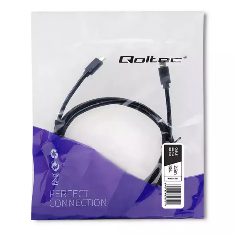 Qoltec 52352 USB-C-naar-USB-C-kabel, USB 3.1, 5 Gbit/s, 2,5 m, zwart