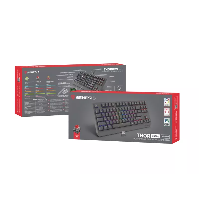 Mechanisch tenkeyless gaming-toetsenbord GENESIS Thor 230 TKL — USB, RF draadloos, Bluetooth, 87-toetsen QWERTY, grijs
