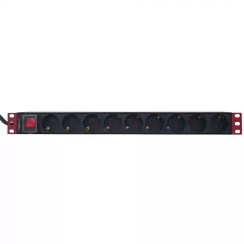 Stekkerdoos Techly 9-voudig 19 inch rack Schuko-stekker schakelaar 1HE zwart rood