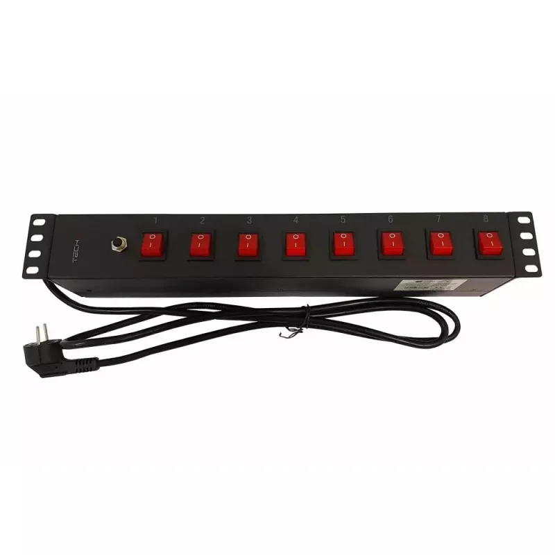 Techly 8-voudig 19 inch rack power strip met 8 aan/uit-schakelaars 1,5HE