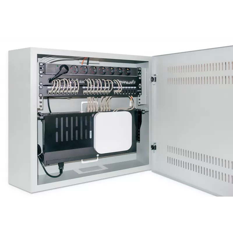 Intellinet 713641 laag 19-inch wandkast, 4U horizontale + 2U verticale rails, 170 mm (6,7 inch) diep, 540x550 mm, afsluitbare deur, 60 kg, IP20, grijs RAL 7035