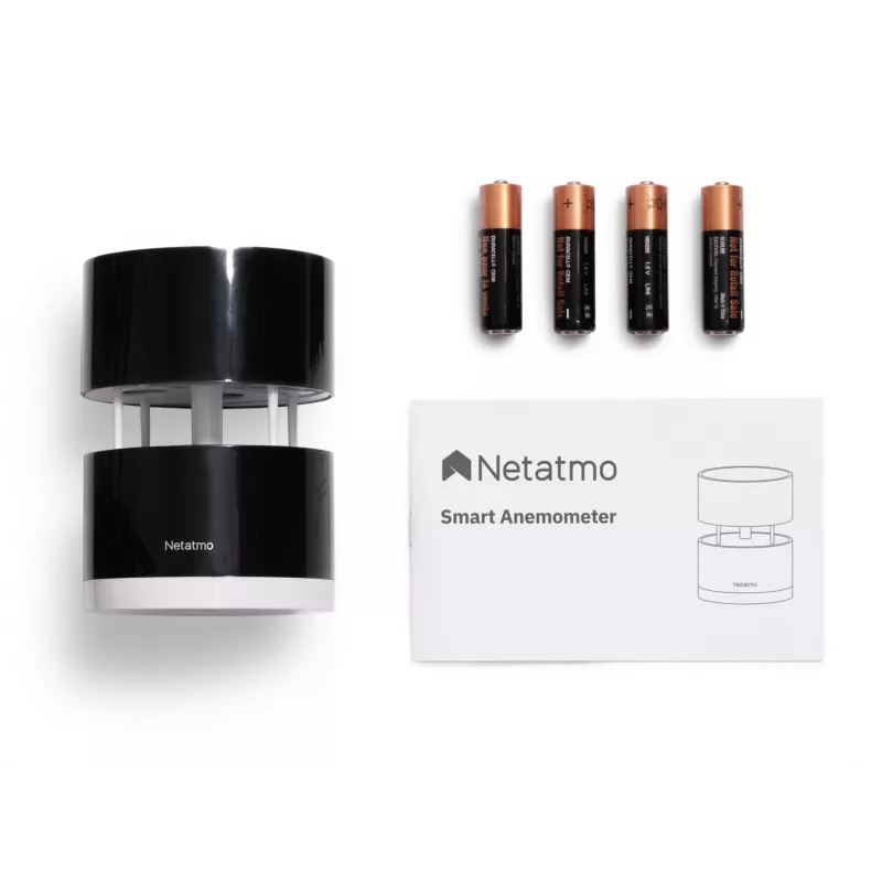 Netatmo NWA01-WW slimme windmeter voor weerstation, windsnelheid en -richting, draadloos, wifi, 0–45 m/s, bereik 100 m, 4x AA, zwart, transparant