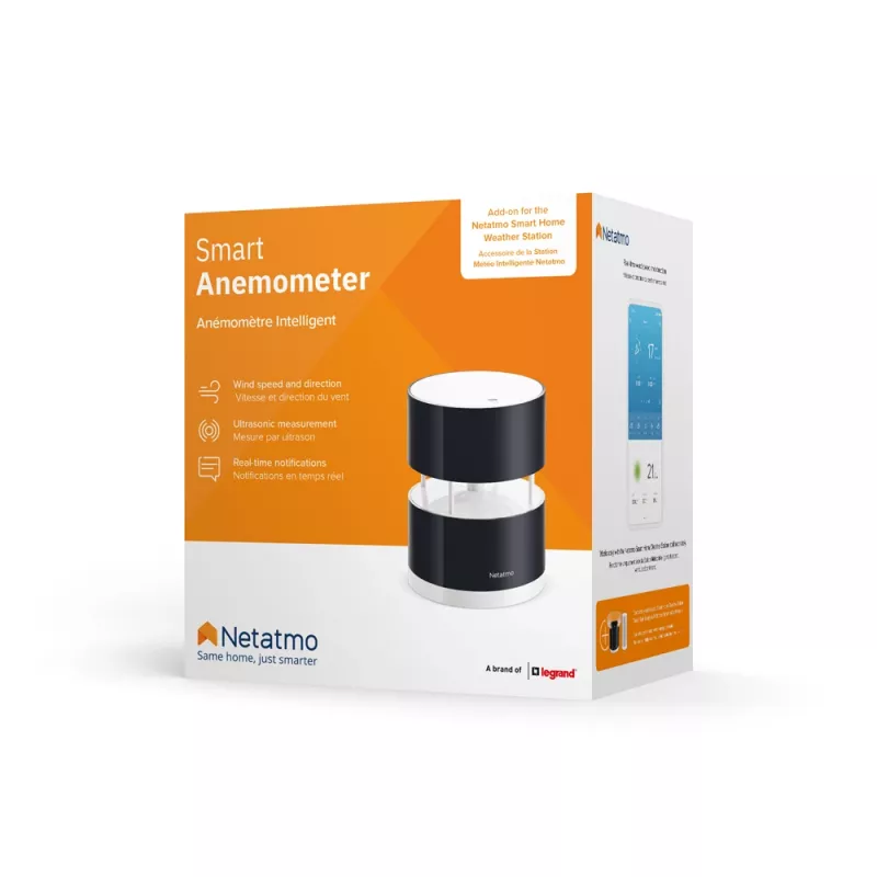 Netatmo NWA01-WW slimme windmeter voor weerstation, windsnelheid en -richting, draadloos, wifi, 0–45 m/s, bereik 100 m, 4x AA, zwart, transparant