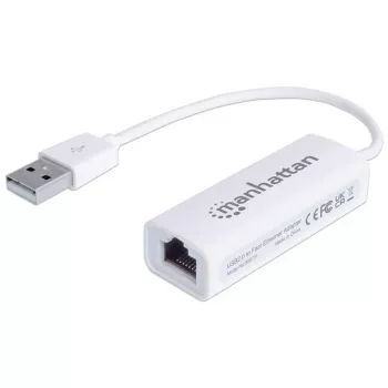 Manhattan USB-A Fast Ethernet-adapter, 10/100 Mbit/s netwerk, 480 Mbit/s (USB 2.0), Hi-Speed USB, RJ45, wit, drie jaar garantie