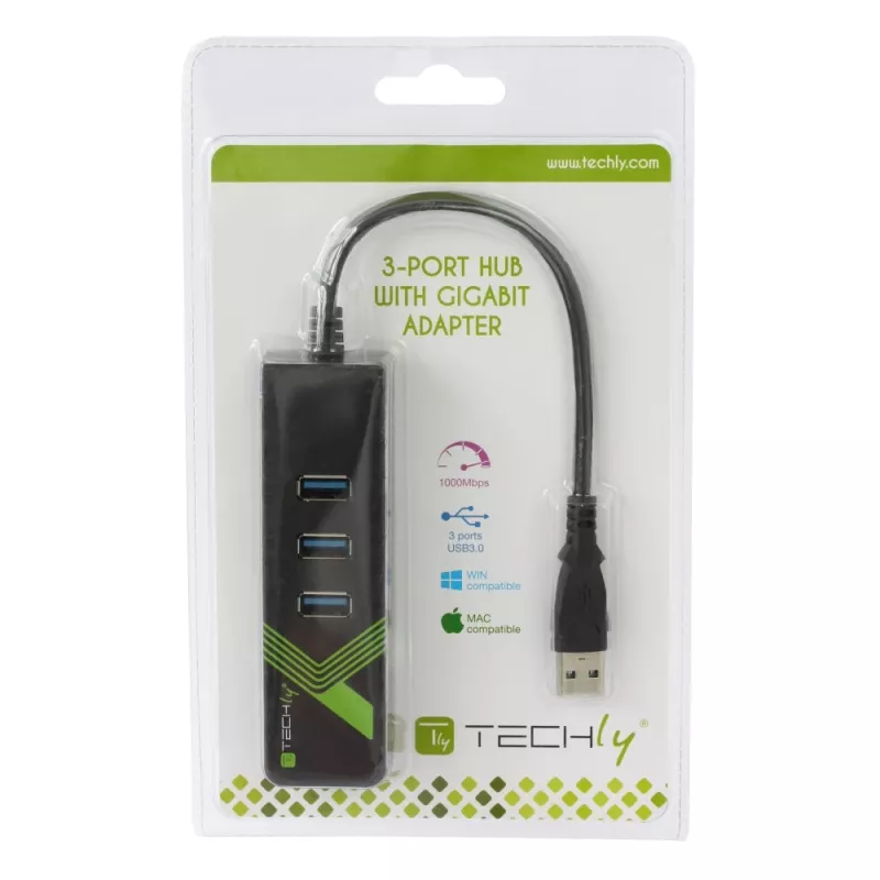 Techly IDATA-USB-ETGIGA-3U2 (105803) USB 3.0-naar-Gigabit Ethernet-adapter met 3-poorts USB 3.0-hub, USB-A, RJ45, aluminium