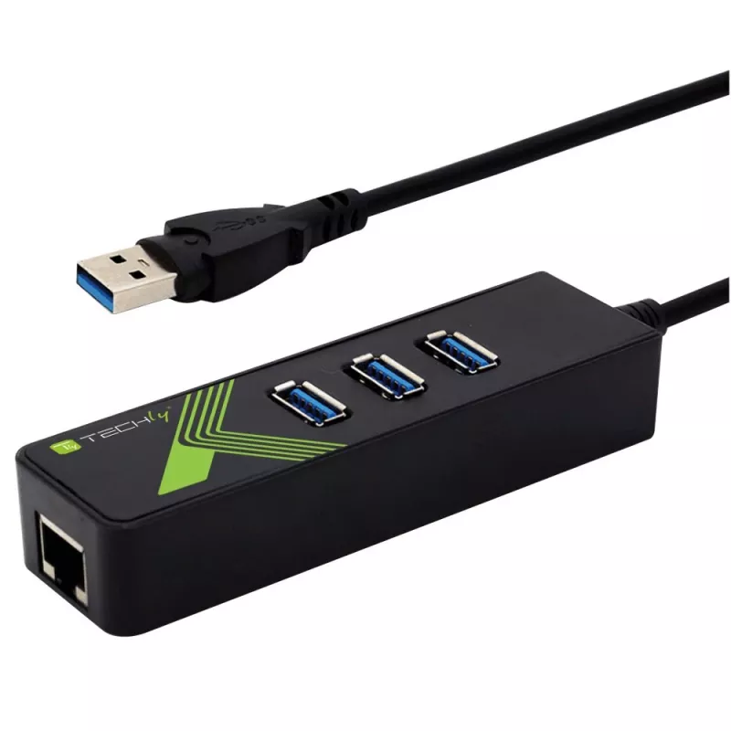 Techly IDATA-USB-ETGIGA-3U2 (105803) USB 3.0-naar-Gigabit Ethernet-adapter met 3-poorts USB 3.0-hub, USB-A, RJ45, aluminium