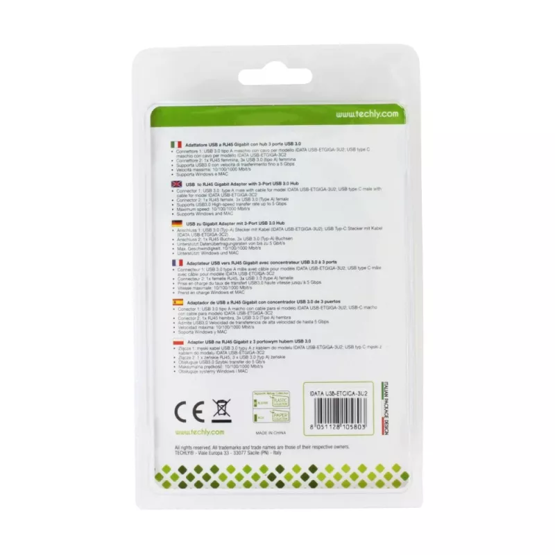 Techly IDATA-USB-ETGIGA-3U2 (105803) USB 3.0-naar-Gigabit Ethernet-adapter met 3-poorts USB 3.0-hub, USB-A, RJ45, aluminium