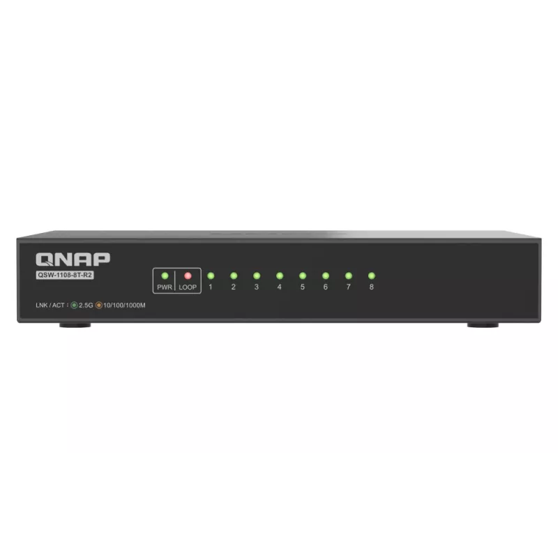 QNAP QSW-1108-8T-R2 unmanaged netwerkswitch, 8x 2,5GbE RJ45 (10/100/1000/2500 Mbps), desktop, zonder ventilator, zwart-grijs