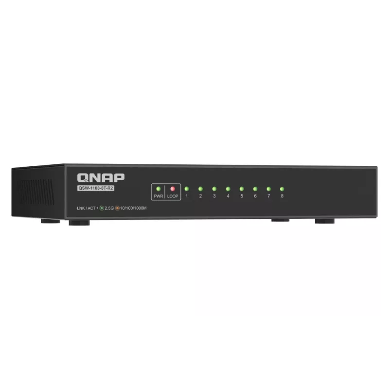 QNAP QSW-1108-8T-R2 unmanaged netwerkswitch, 8x 2,5GbE RJ45 (10/100/1000/2500 Mbps), desktop, zonder ventilator, zwart-grijs