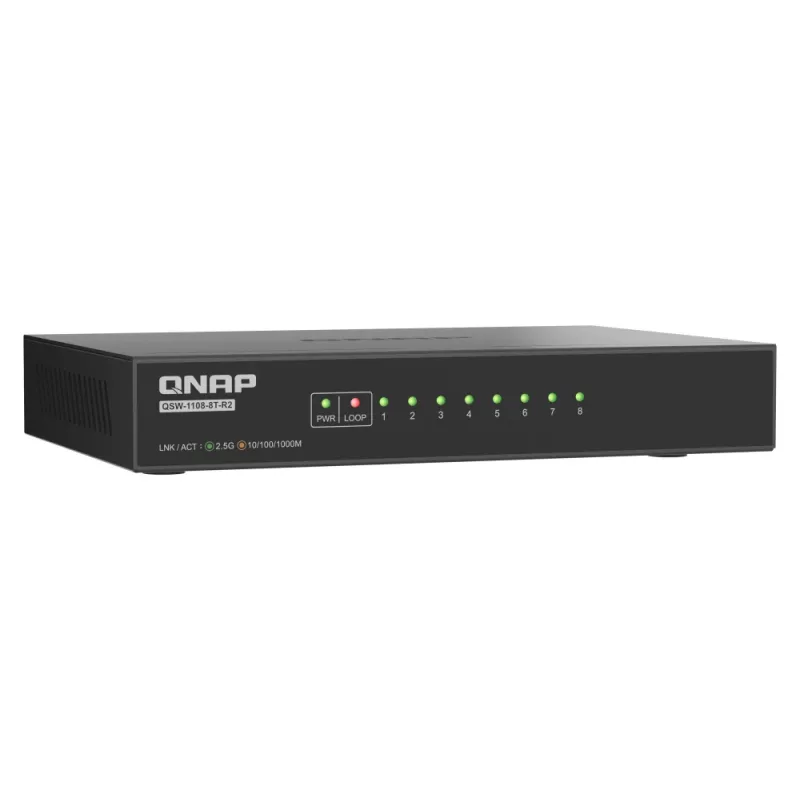 QNAP QSW-1108-8T-R2 unmanaged netwerkswitch, 8x 2,5GbE RJ45 (10/100/1000/2500 Mbps), desktop, zonder ventilator, zwart-grijs