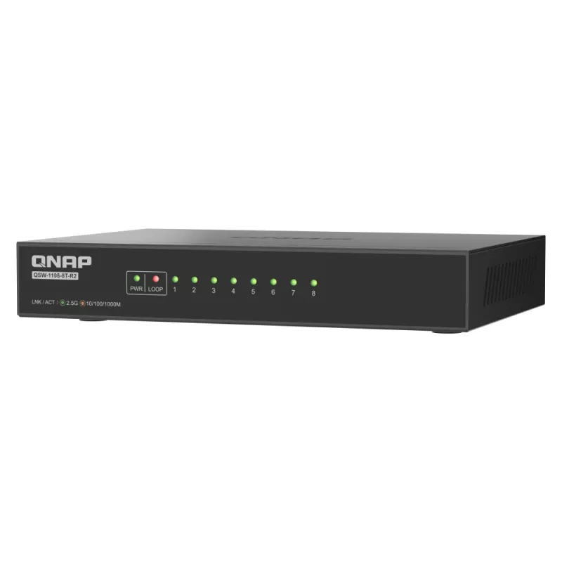 QNAP QSW-1108-8T-R2 unmanaged netwerkswitch, 8x 2,5GbE RJ45 (10/100/1000/2500 Mbps), desktop, zonder ventilator, zwart-grijs