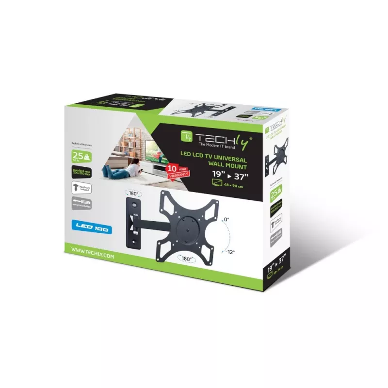 Techly ICA-LCD 2901 wandbeugel voor LCD-tv 13–37 inch, kantel- en draaibaar, tot 25 kg, VESA 75x75–200x200, zwart
