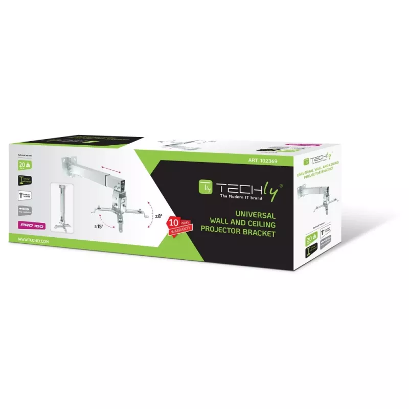 Techly ICA-PM 16 plafondbeugel voor projector, tot 20 kg, verstelbaar 43–65 cm, kantel- en draaibaar, zilver