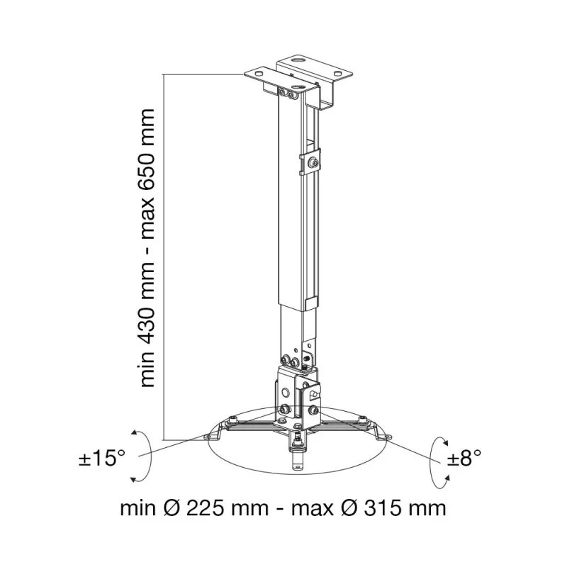 Techly ICA-PM 16 plafondbeugel voor projector, tot 20 kg, verstelbaar 43–65 cm, kantel- en draaibaar, zilver