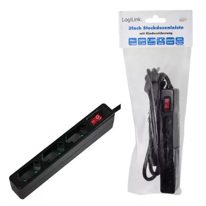 Stroomverlenging LogiLink LPS230B 1,5 m 3 randaarde stopcontacten zwart