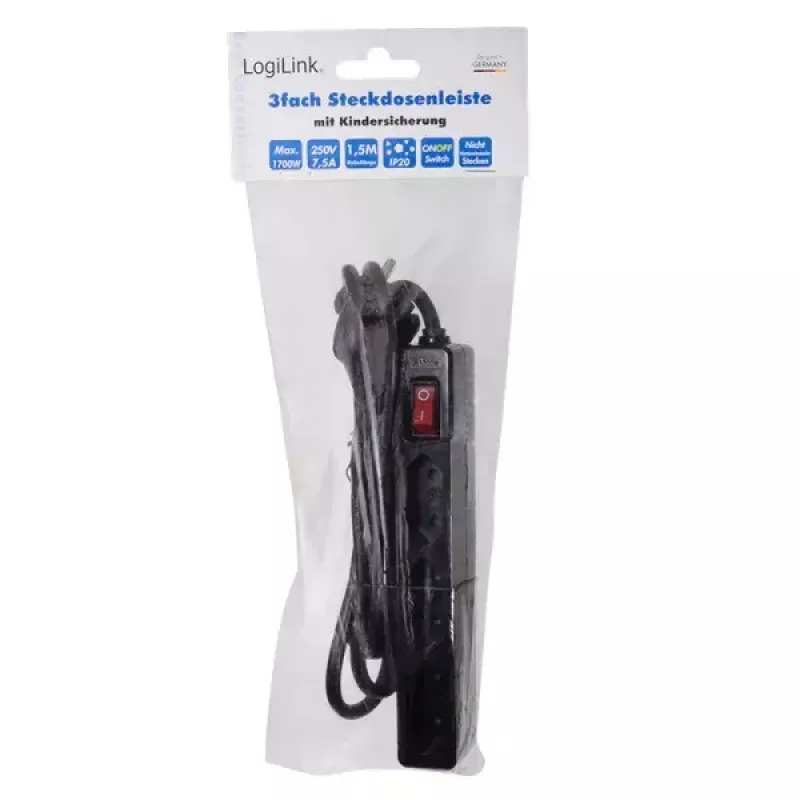 Stroomverlenging LogiLink LPS230B 1,5 m 3 randaarde stopcontacten zwart