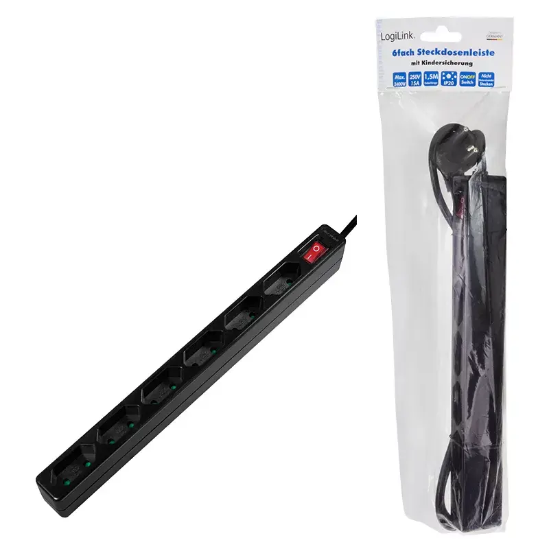 Stroomverlenging LogiLink LPS232B 1,5m 6 AC-stopcontacten binnen zwart