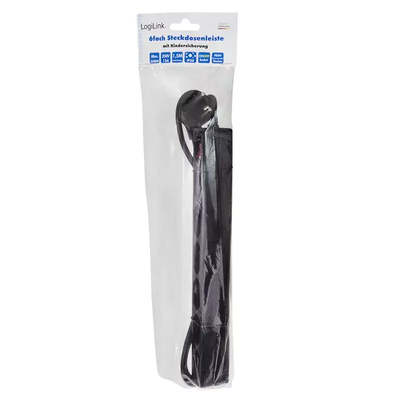 Stroomverlenging LogiLink LPS232B 1,5m 6 AC-stopcontacten binnen zwart