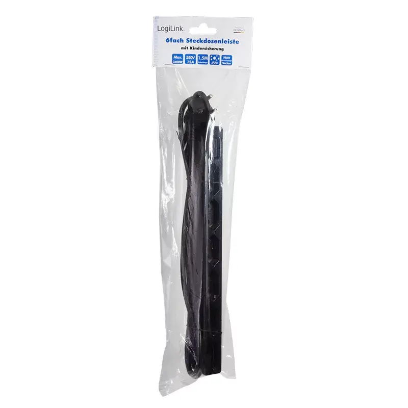 Stroomverlenging LogiLink LPS231B 1,5m 6 AC-stopcontacten binnen zwart