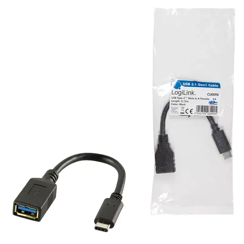USB-kabel LogiLink USB C - USB A 0,15m CU0098 zwart