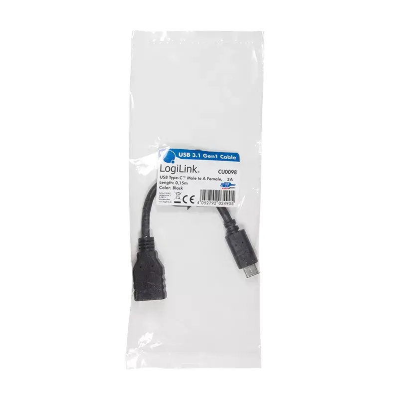 USB-kabel LogiLink USB C - USB A 0,15m CU0098 zwart