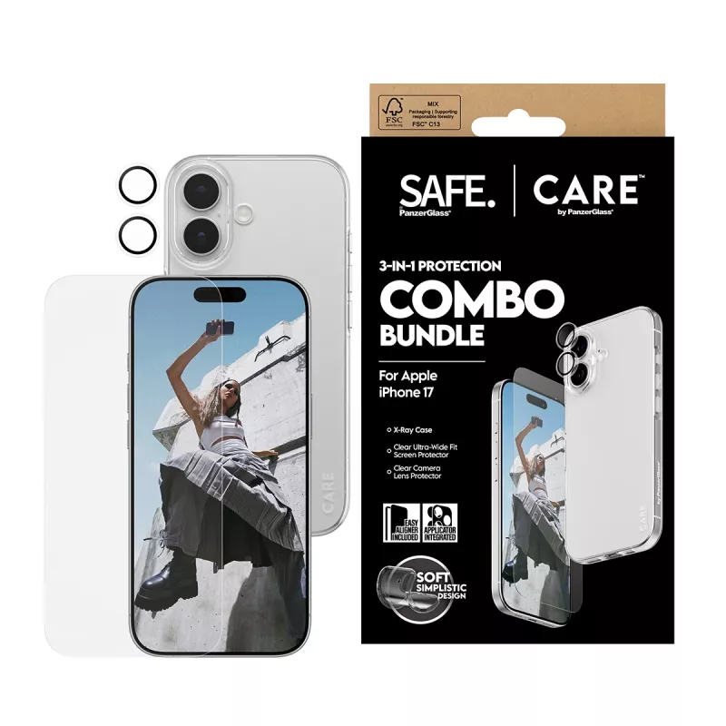 PanzerGlass 3-in-1 Combo Bundle voor iPhone 17 – beeldschermbescherming, cameralensbescherming en hoesje