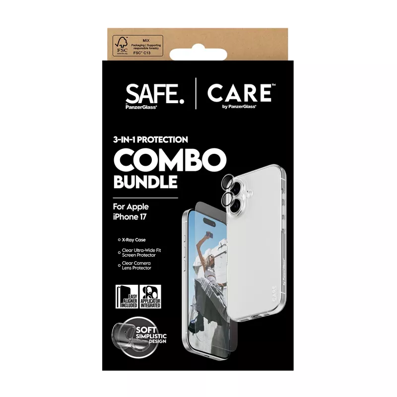 PanzerGlass 3-in-1 Combo Bundle voor iPhone 17 – beeldschermbescherming, cameralensbescherming en hoesje