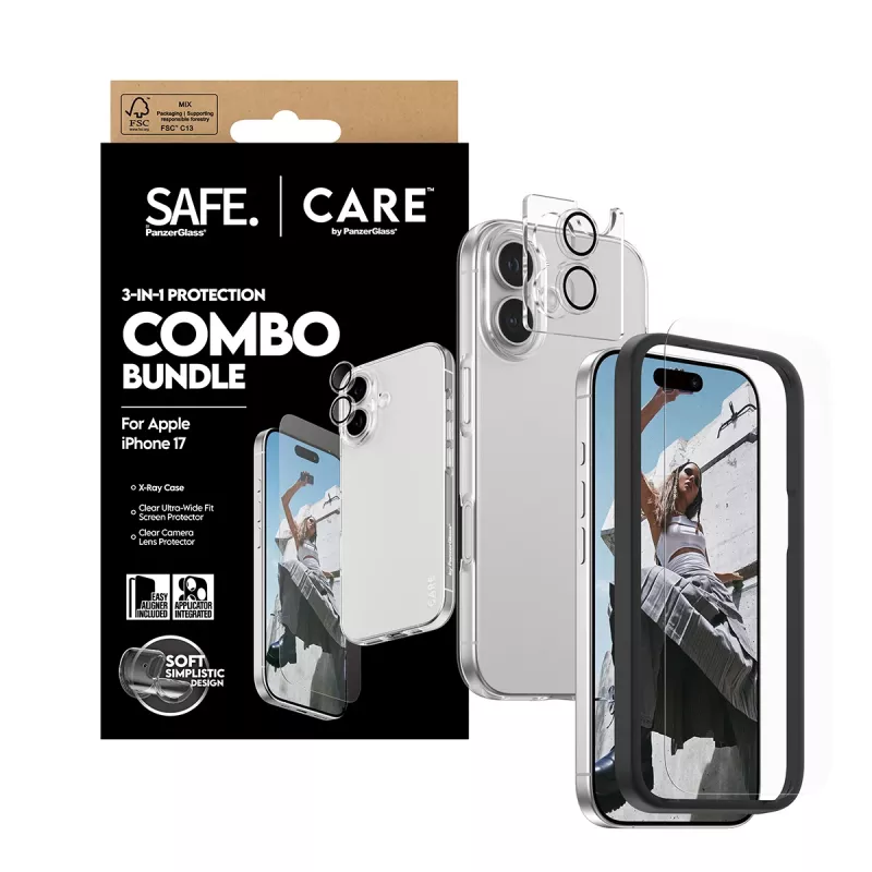 PanzerGlass 3-in-1 Combo Bundle voor iPhone 17 – beeldschermbescherming, cameralensbescherming en hoesje