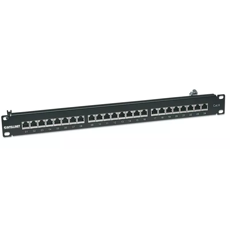 Intellinet patchpanel, Cat6, FTP, 24-poorts, 1U, afgeschermd, 90° top-entry LSA-strips, zwart