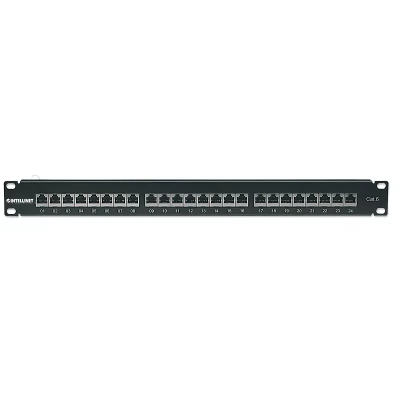 Intellinet patchpanel, Cat6, FTP, 24-poorts, 1U, afgeschermd, 90° top-entry LSA-strips, zwart
