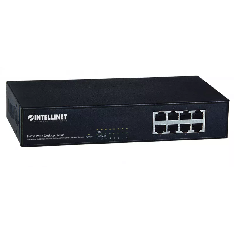 Switch, Intellinet 8-poorts Fast Ethernet PoE+ switch, 8 x PoE-poorten, 1,6 Gbit/s