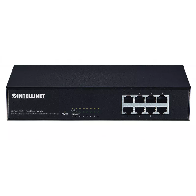 Switch, Intellinet 8-poorts Fast Ethernet PoE+ switch, 8 x PoE-poorten, 1,6 Gbit/s