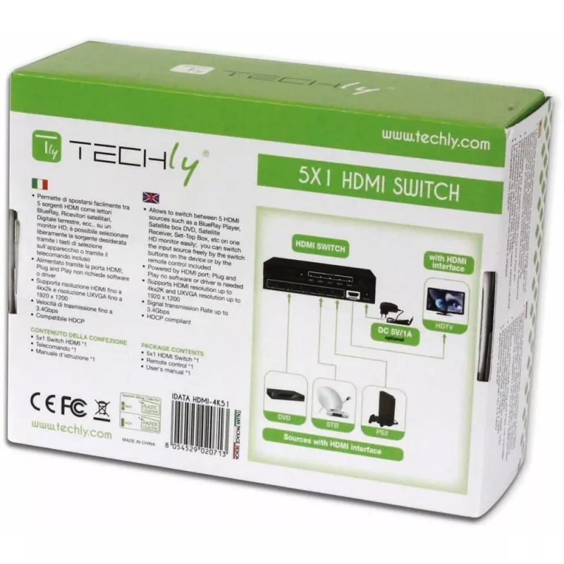 Techly 5 IN 1 OUT HDMI switch met afstandsbediening, 4Kx2K, 3D IDATA HDMI-4K51