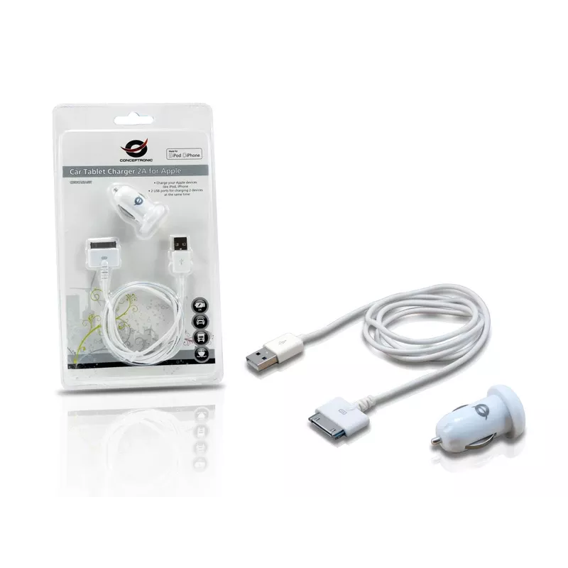 Conceptronic auto-tabletoplader 2A voor Apple, sigarettenaansteker, 5 V, wit