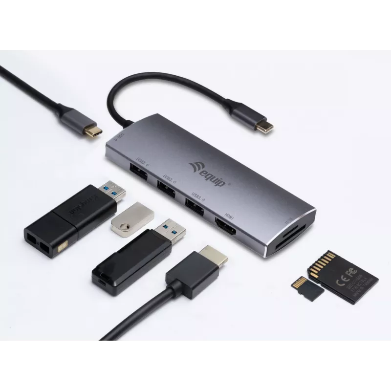 Equip 133482 USB-C 7-in-1 multifunctionele adapter, USB 3.2 Gen 1, HDMI 4K 30 Hz, 3x USB 3.0, SD/microSD, USB-C PD 100 W, aluminium