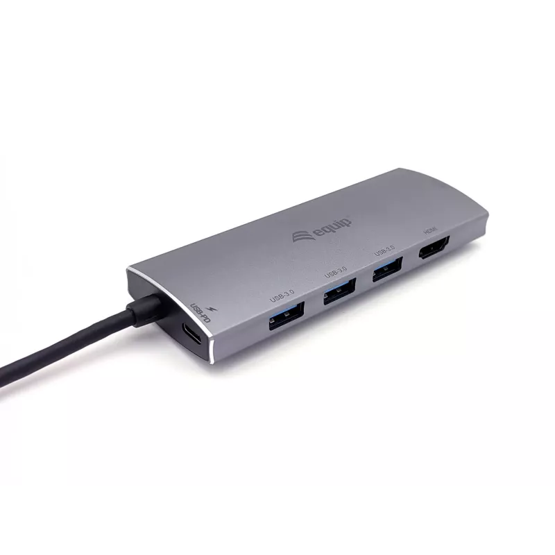 Equip 133482 USB-C 7-in-1 multifunctionele adapter, USB 3.2 Gen 1, HDMI 4K 30 Hz, 3x USB 3.0, SD/microSD, USB-C PD 100 W, aluminium